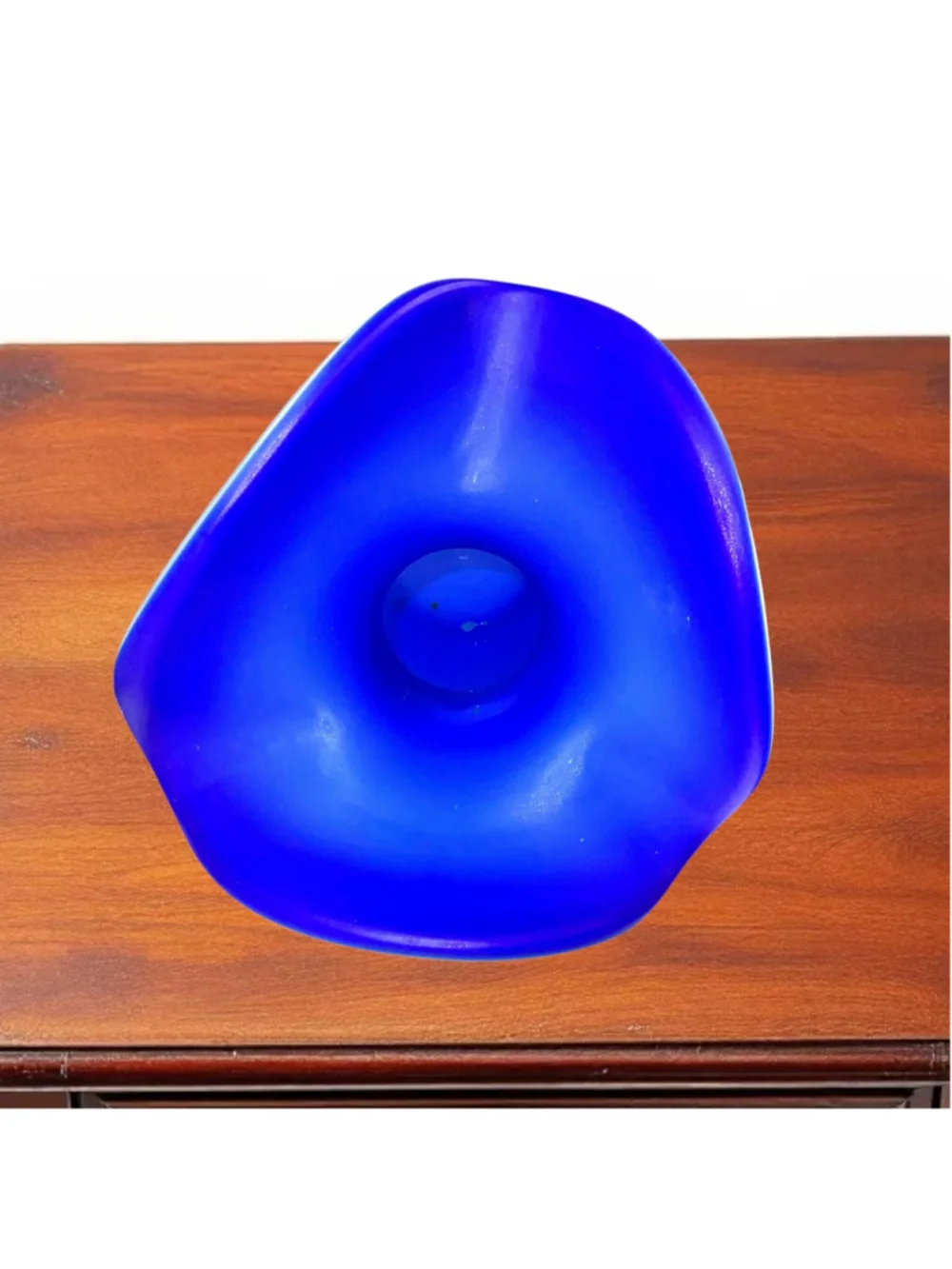 Vintage Made Italy White Satin Cobalt Blue Ruffled Rim Floral Art Glass Vase 12”